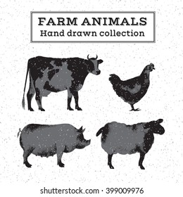 Set of farm animals monochrome isolated hand-drawn for markets and shops