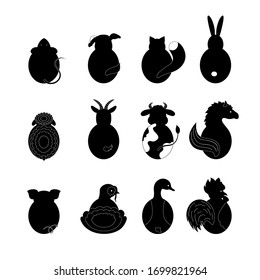Set of farm animals monochrome silhouettes. Vector illustration of a mouse, a dog, a cat, a rabbit, a sheep, a goat, a cow, a horse, a pig, a turkey, a goose, a cock. View from the back side.