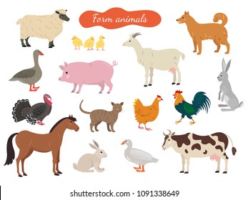 Set of farm animals on white background. Vector illustration.