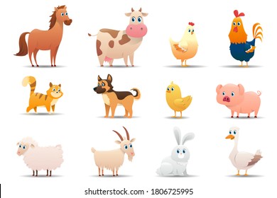 Set of farm animals on a white background. Series of different farm animals by color: rooster, chicken, cow, horse, pig, chicken, dog, cat, goose, rabbit, goat, sheep. Vector illustration 