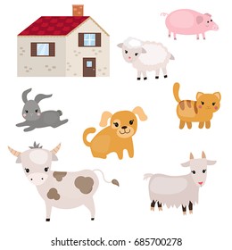 Set of farm animals on white background.
