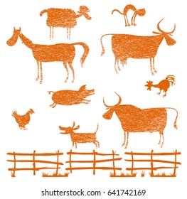 Set of farm animals with paper texture. Bull, cow, horse,sheep,cat, dog,rooster, chciken, pig, fence.