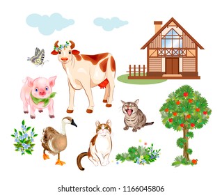 Set of farm animals and pets includes cow, cat, goose and pig. House, tree, flowers, cattle and butterfly are suitable for illustration of rural life. Cartoon style.