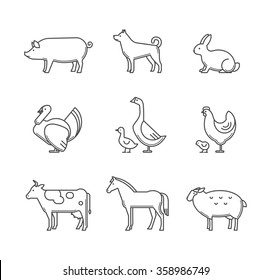 Set of farm animals and pets outline style vector icons.