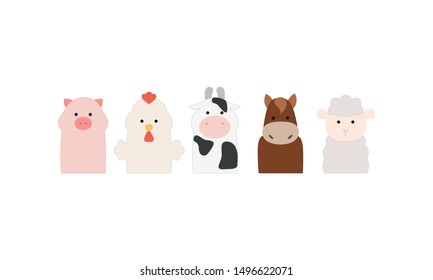 Set of farm animals, pig, cock, cow, horse, sheep, finger puppets, flat design