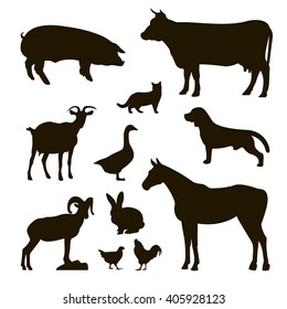 set of farm animals , pig, cow , bull, cat, goat, dog , horse , rabbit , rabbit , chicken , rooster , goose , vector art