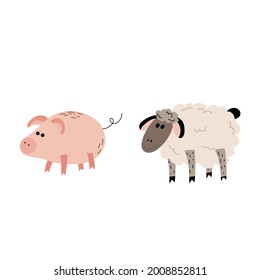 Set of farm animals. Pig and sheep .Vector illustration in flat style. 