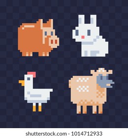 Set of farm animals pixel art character pig rabbit chicken and sheep isolated vector illustration. Cartoon flat style icon for children's mobile app, book illustration and sticker. Video game sprite.