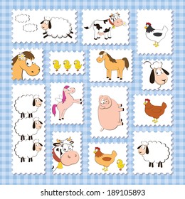 set of farm animals post stamps shape with shadows isolated on a blue checkered rustic background. vector collections. 