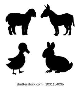 Set of farm animals with rabbit, donkey, lamb and duckling. Vector black silhouettes on white background
