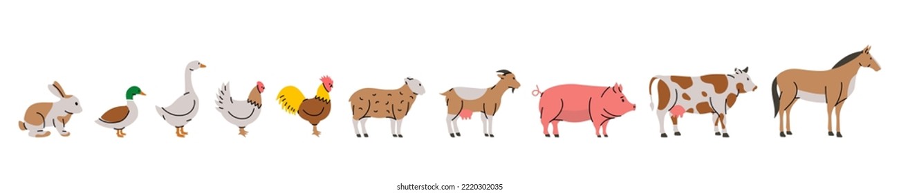 Set of Farm animals. Rabbit, Duck, Goose, Chicken, Rooster, Sheep, Goat, Pig, Cow, Horse silhouettes. Farm animals set