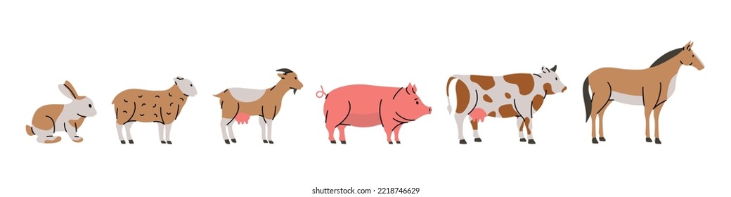 Set of Farm animals. Rabbit, Sheep, Goat, Pig, Cow, Horse silhouettes. Farm animals character set isolated on white background