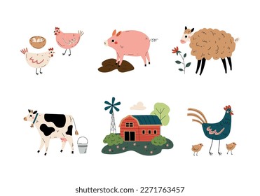 Set of farm animals and red barn. Agriculture, animal husbandry, poultry farming cartoon vector illustration