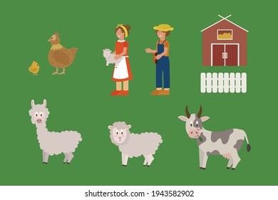 A set of farm animals and related items. Vector collection of livestock, farmers, sheds with a family of chickens. Vector illustration