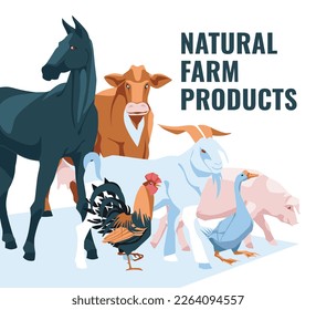 set of farm animals: rooster, goose, horse, cow, pig, goat Isolated on white background. Vector flat illustration. Agriculture, farming and cattle breeding