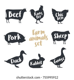 Set of farm animals with sample text. Silhouettes hand drawn animals: cow, rooster, chicken, sheep, pig, rabbit, duck, goose. Vector illustration.