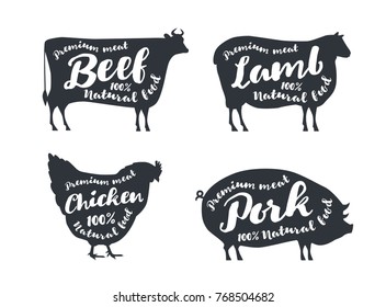 Set of farm animals with sample text. Silhouettes hand drawn animals: cow, sheep, pig, chicken. Premium meat. Vector logotype design.