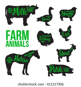 Set Of Farm Animals, Shaded With Black Outline Lettering. Livestock And Concept Of Farm Products, Meat And Dairy Products.