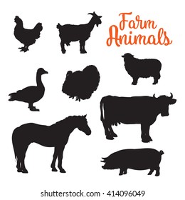 Set of farm animals, shaded with black outline. Livestock and concept of farm products, meat and dairy products.