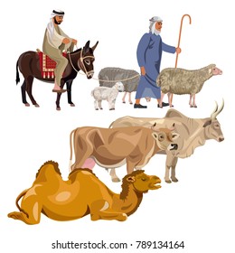 Set of farm animals with shepherds. Vector illustration isolated on white background