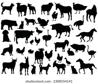 Set of Farm Animals Silhouette Bundle, Animal Icons, Cow, Dog, Duck, Horse, Cat, Sheep, Goat, Donkey