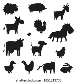 Set of farm animals silhouette. Collection of black color domestic animals. Vector illustration for children. Zoo.