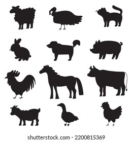 Conjunto de animales de granja. Iconos de silueta. Ilustraciones dibujadas a mano sobre fondo blanco.