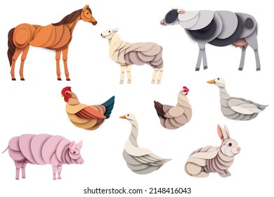 Set of farm animals silhouette isolated on white background.  Creative 3d design concept in cartoon paper cut style. Collection minimal character. Modern geometric vector illustration.