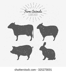 Set of farm animals silhouettes. Beef, lamb, pork, rabbit meat. Butcher shop design template for craft meat packaging or food restaurant. Sunburst rays label template. Vector illustration