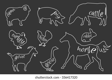 Set of farm animals silhouettes. Beef, lamb, pork, rabbit, chicken, goose, turkey meat. Butcher shop design template for craft packaging or food restaurant.