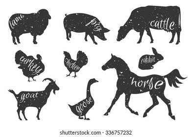 Set of farm animals silhouettes. Beef, lamb, pork, rabbit, chicken, goose, turkey meat. Butcher shop design template for craft packaging or food restaurant.