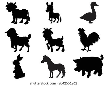 Set of Farm animals silhouettes collection for including cow, sheep, goat, pig, duck and chickens