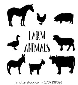 Set of farm animals silhouettes isolated on white Background. Hand drawing Vector illustration.