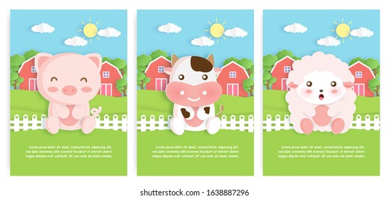 Set of farm animals template cards with cute pig , cow and cheep charactor  in paper card style for birthday card , baby shower card ,greeting cards and poster .