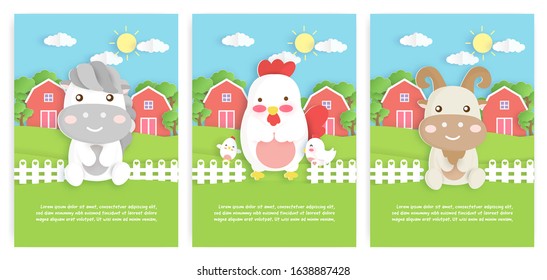 Set of farm animals template cards with cute chicken , horse and goat character  in paper card style for birthday card , baby shower card ,greeting cards and poster .