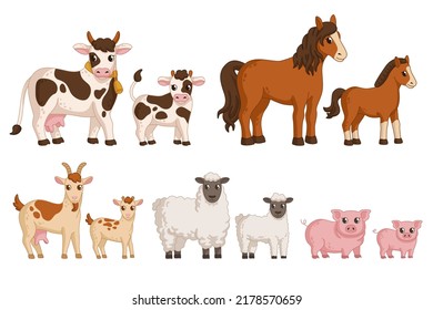 A set of farm animals with their children. Cow and calf, horse and calf, goat and kid, sheep and lamb, pig and pig.