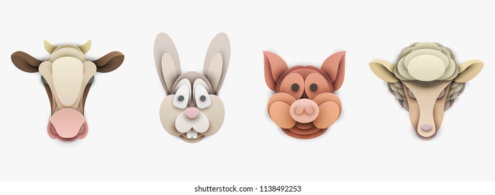 Set of farm animals in trendy paper cut craft graphic style. Pig, cow, sheep, rabbit. Modern design for advertising, branding greeting card, cover, poster, banner. Vector illustration.