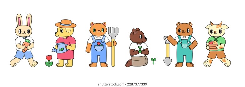 Set farm animals. Trendy retro cartoon style.