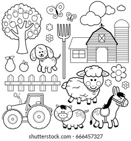 Set With Farm Animals. Vector Black And White Coloring Page.