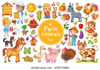 Set with farm animals. Vector collection in a cartoon children's style.