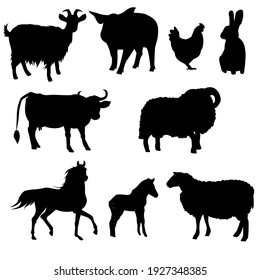 A set of farm animals. Vector isolated on a white background. Horse, Foal, Cow, Goat, Pig, Chicken, Sheep, Ram, Rabbit.