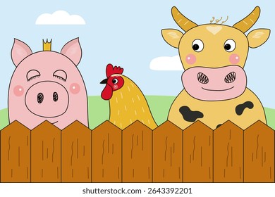 A set of farm animals. Vector. Pig, rooster , cow