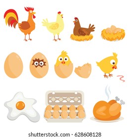 Set of farm animals, vector stickers with chicken family on white isolated background. Vector illustration