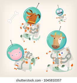 Set of farm animals wearing spacesuits floating in outer space. If the animals were intelligent they would go to space. Isolated vector images. Part 2/2