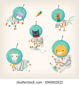 Set of farm animals wearing spacesuits floating in outer space. If the animals were intelligent they would go to space. Isolated vector images. Part 1/2