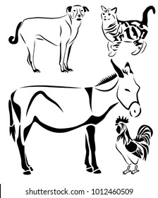 Set of farm animals. You Canon see a cat, a dog, a donkey and a cock. Black ink on white background.