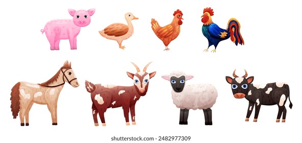 Set with farm birds and animals. Vector kids illustration