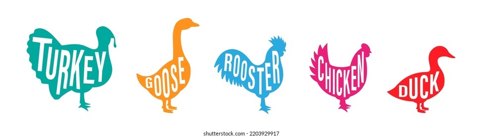 Set of farm birds silhouette with lettering. Turkey, Chicken, Rooster, Duck, Goose silhouette. Farm animal icons