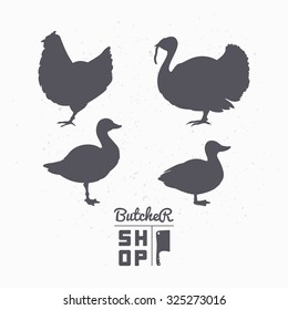 Set of farm birds silhouettes. Chicken, turkey, goose, duck meat. Butcher shop logo template for craft food packaging or restaurant design. Vector illustration