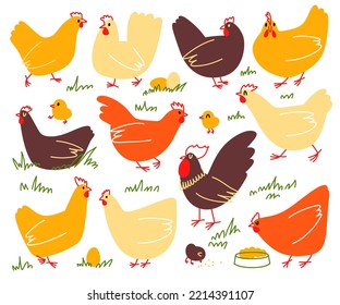 Set of farm birds. Vector doodle chicken. Illustration